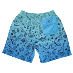 Blue swim trunks with hockey pattern on a white background