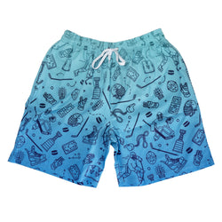 Blue swim shorts with hockey pattern on a white background