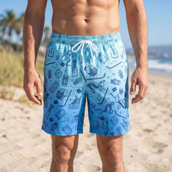 Person wearing blue swim shorts with a hockey pattern on a beach