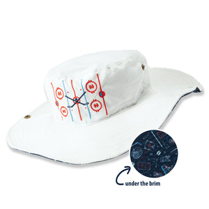 White bucket hat with red and blue hockey designs on a white background