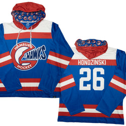 A red, white, and blue Hamburg Hawks Hockey windbreaker jacket shown from both the front and back. The front features the Hamburg Hawks logo, while the back displays the name 'HONDZINSKI' and number '26'.