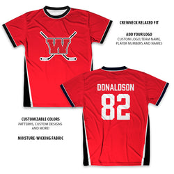 Red custom hockey tee with white letter 'W' and customizable text on a white background