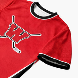 Red sports teewith a hockey logo on a white background