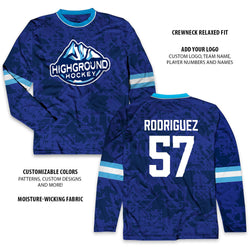 Blue hockey jersey with 'Highground Hockey' logo and customizable text on a white background