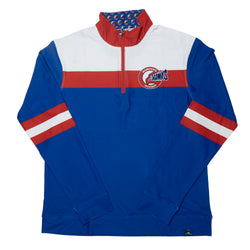 A blue, red, and white quarter-zip pullover jacket with a circular 'Hakws' logo on the chest and striped detailing on the sleeves, shown flat against a white background.