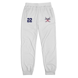 White sweatpants with a navy blue '22' on the right thigh and a red and navy 'Ice Cats' logo with crossed hockey sticks on the left thigh, shown on a plain white background.