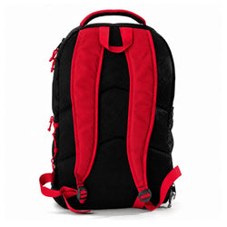 Black and red backpack shown from the back, featuring padded red shoulder straps, a black mesh back panel, and red zipper pulls, photographed on a clean white background.