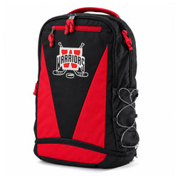 Red and black backpack with Warriors Hockey logo on the front.