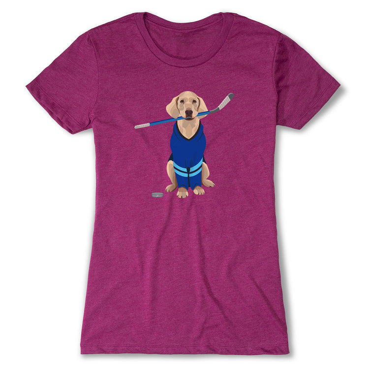 Hockey Women's Everyday Tee - Puck The Hockey Dog [Adult Small/Lush Berry] - SS