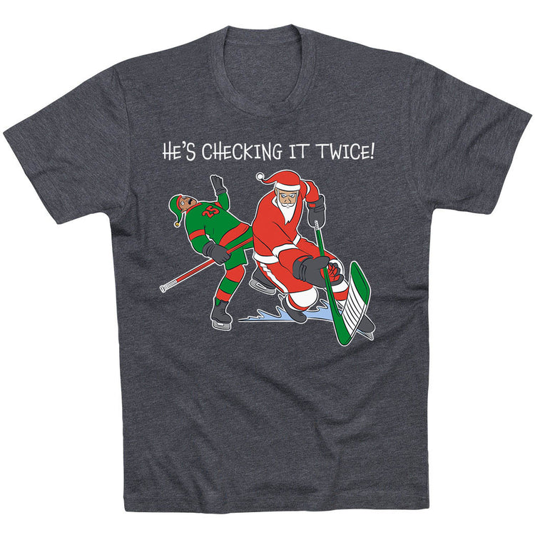 Hockey Short Sleeve T-Shirt - He's Checking It Twice [Charcoal/Adult X-Large] - SS