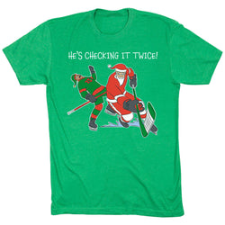Hockey Short Sleeve T-Shirt - He's Checking It Twice [Adult Large/Green] - SS