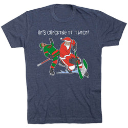 Hockey Short Sleeve T-Shirt - He's Checking It Twice [Adult Large/Navy] - SS