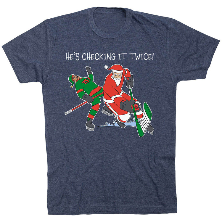 Hockey Short Sleeve T-Shirt - He's Checking It Twice [Navy/Adult X-Large] - SS