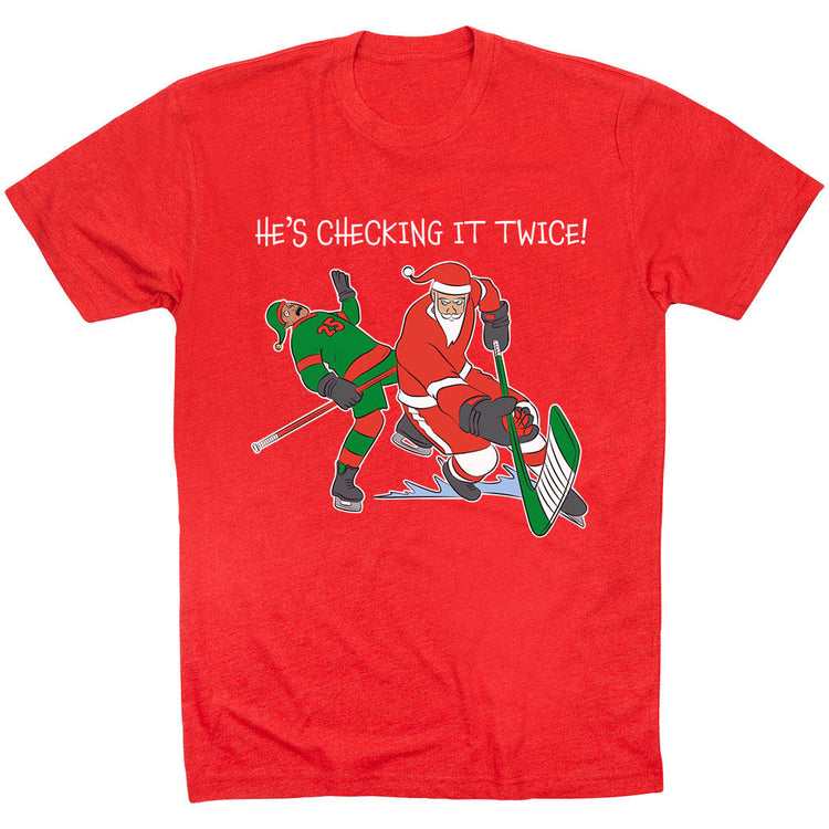 Hockey Short Sleeve T-Shirt - He's Checking It Twice [Red/Adult X-Large] - SS