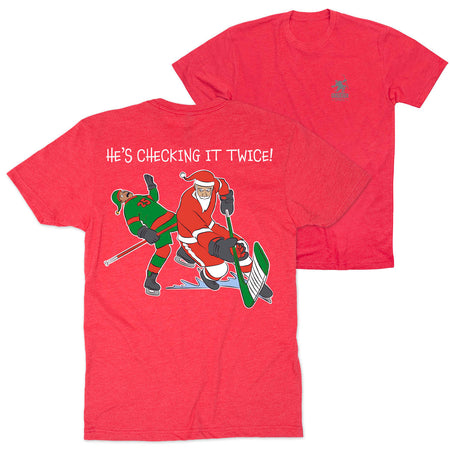 Hockey Short Sleeve T-Shirt - He's Checking It Twice (Back Design)  [Adult X-Large/Red] - SS