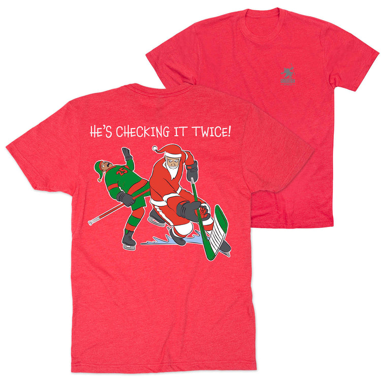 Hockey Short Sleeve T-Shirt - He's Checking It Twice (Back Design)  [Adult X-Large/Red] - SS