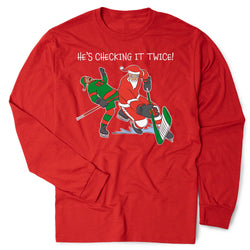 Hockey Tshirt Long Sleeve - He's Checking It Twice [Youth Large/Red] - SS
