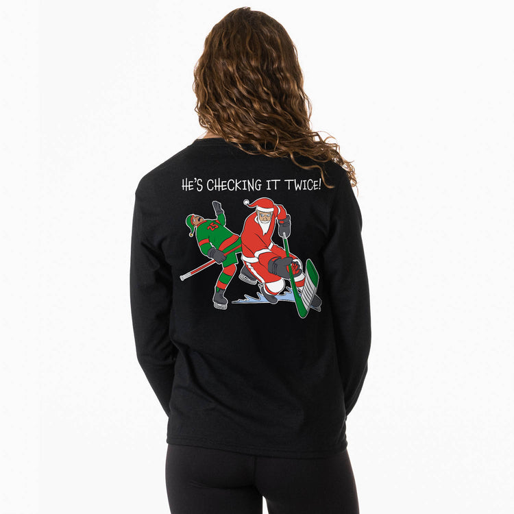 Hockey Tshirt Long Sleeve - He's Checking It Twice (Back Design) 