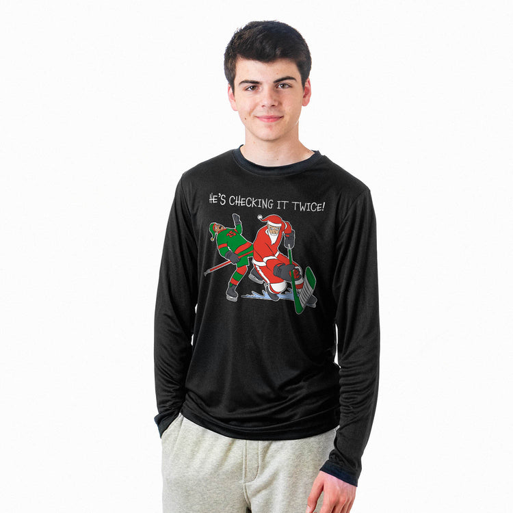 Hockey Long Sleeve Performance Tee - He's Checking It Twice