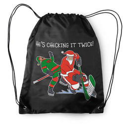 Hockey Drawstring Backpack - He's Checking It Twice
