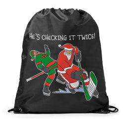 Hockey Drawstring Backpack - He's Checking It Twice
