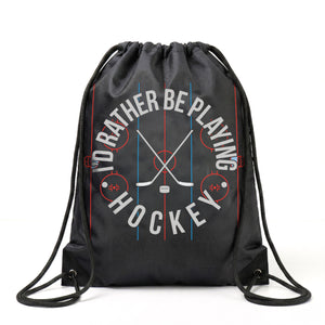 Black drawstring bag with 'I'd Rather Be Playing Hockey' text and graphics on a white background