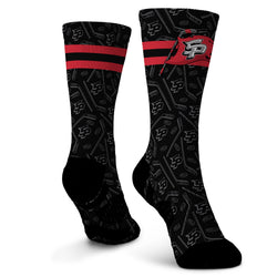 Black socks with red and white accents on a white background