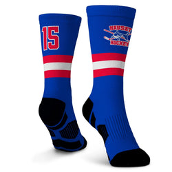 Blue socks with red and white stripes and a hockey-themed logo on a white background