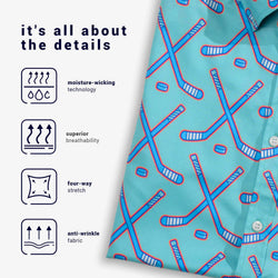 A close-up of a light aqua button-up shirt with a blue and red hockey stick pattern, shown next to marketing text and icons highlighting moisture-wicking, breathability, stretch, and anti-wrinkle fabric.