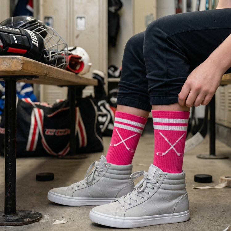 Hockey Mid-Calf Socks - Crossed Sticks - Pink