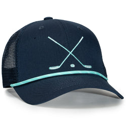 Navy blue cap with a light blue graphic on a white background