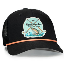 Black cap with a fishing-themed patch on a white background