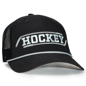 Black hockey cap with 'Hockey' text on a white background
