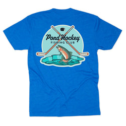 Blue t-shirt with 'Pond Hockey Fishing Club' graphic on a white background