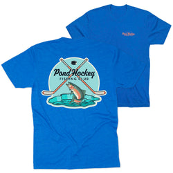 Blue t-shirt with a 'Pond Hockey Fishing Club' design on a white background