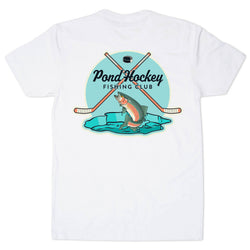 White t-shirt with 'Pond Hockey Fishing Club' graphic on a white background