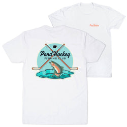White t-shirt with Pond Hockey Fishing Club graphic on a white background