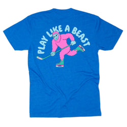 Royal blue t-shirt with pink sasquach graphic and 'Play Like a Beast' text on a white background