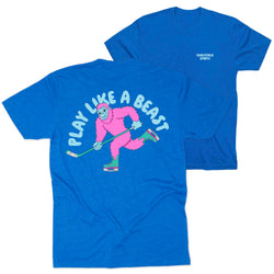 Royal blue t-shirt with graphic design of a sasquach playing hockey and text 'Play Like A Beast' on a white background.
