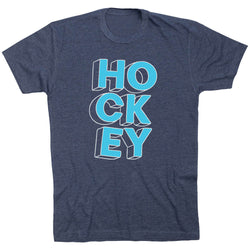 Navy blue t-shirt with 'Hockey' printed in blue and white on a white background
