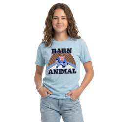 Person wearing a light blue t-shirt with 'Barn Animal' graphic design on a white background