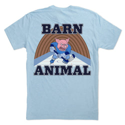 Light blue t-shirt with a graphic of a pig in a hockey jersey and the text 'Barn Animal' on the back.