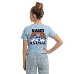 Person wearing a light blue t-shirt with 'Barn Animal' graphic on the back