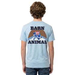Person wearing a light blue t-shirt with 'Barn Animal' graphic on the back