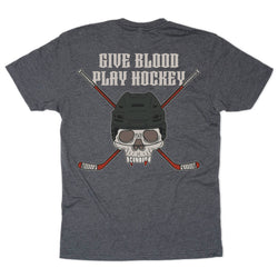 Gray t-shirt with hockey-themed graphic and text 'Give Blood Play Hockey' on a white background