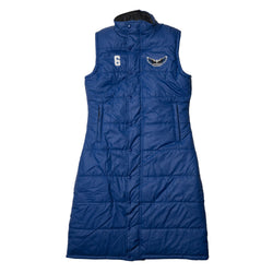 Blue puffer vest with a logo on a white background
