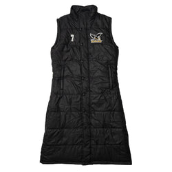 Black puffer vest with logo and number on a white background