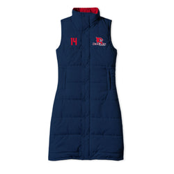 A sleeveless navy blue puffer vest with a high collar, featuring a white number 14 on the right chest and a red and white 'Ice Cats' logo on the left chest, displayed against a plain white background.
