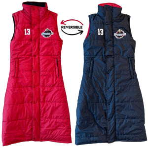 Two reversible puffer vests, one red and one blue, with a visible brand logo.