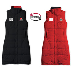 Two sleeveless puffer vests shown side by side on a white background, labeled as reversible color options. The left vest is black with a white '00' on the chest and a small crest logo.